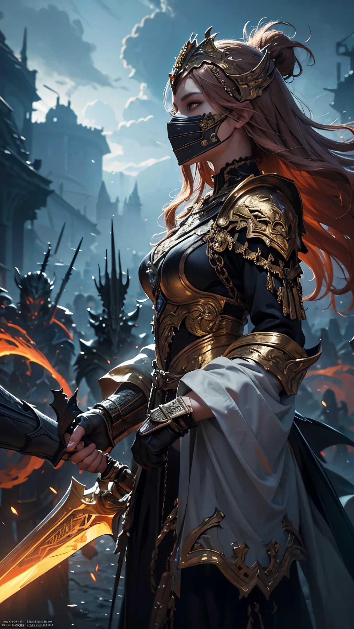 Impressionist painting , concept art, closeup low angle, A warrior in dark, ornate armor, intricate full mask, holds a radiant glowing golden axe, her glowing long hair billows in the air, stands on a battlefield, chaotic scene, set against a backdrop of imposing structures silhouetted against a stormy sky, artwork, dramatic fantasy theme, characterized by expressive, dynamic brushwork, contrast between the bright sword and the dark surroundings, matte painting, insane detailed, . Loose brushwork, vibrant color, light and shadow play, captures feeling over form