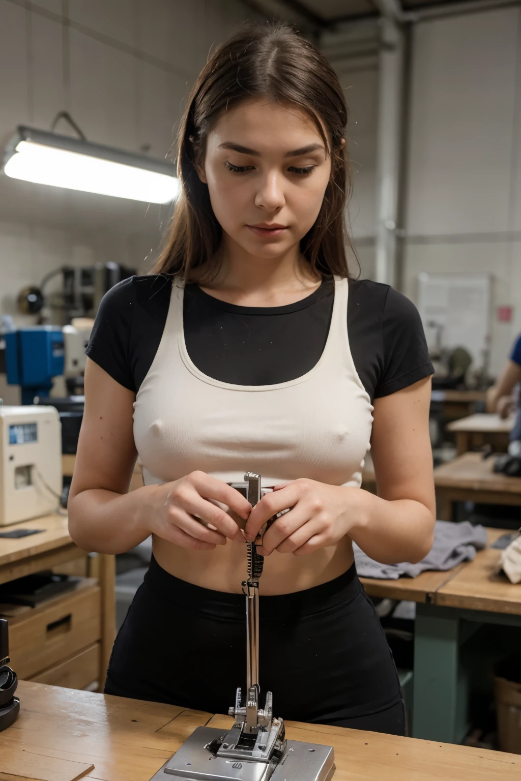 3D design image of a person at a sewing machine in a textile manufacturing workshop with good posture and ergonomic measures
