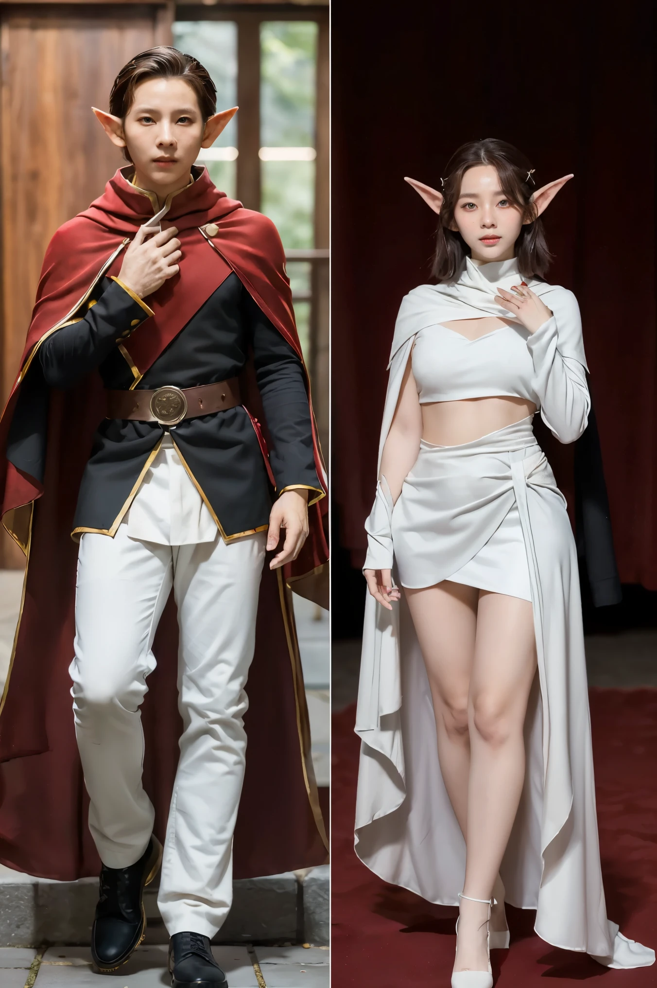 (masterpiece), best quality, expressive eyes, perfect face, ((1 male half-elf)), (red eyes), ((white skin)), fit body, (classy rogue cloak), full body, ((k-pop idol inspired costume)), short black k-pop hairstyle, pointy ears, a magic flute, , (CharacterSheet:1), (multiple views, reference sheet:1),