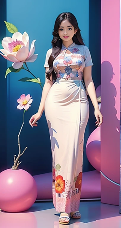 Burmese girl with attractive curvy full body.  Friends full-length bikini, ( dress) reflective long dress painted with flower patterns, only dress.  hi gh hips  High resolution  High resolution  natural background  High resolution  HD  3D,  8K cartoon anime 