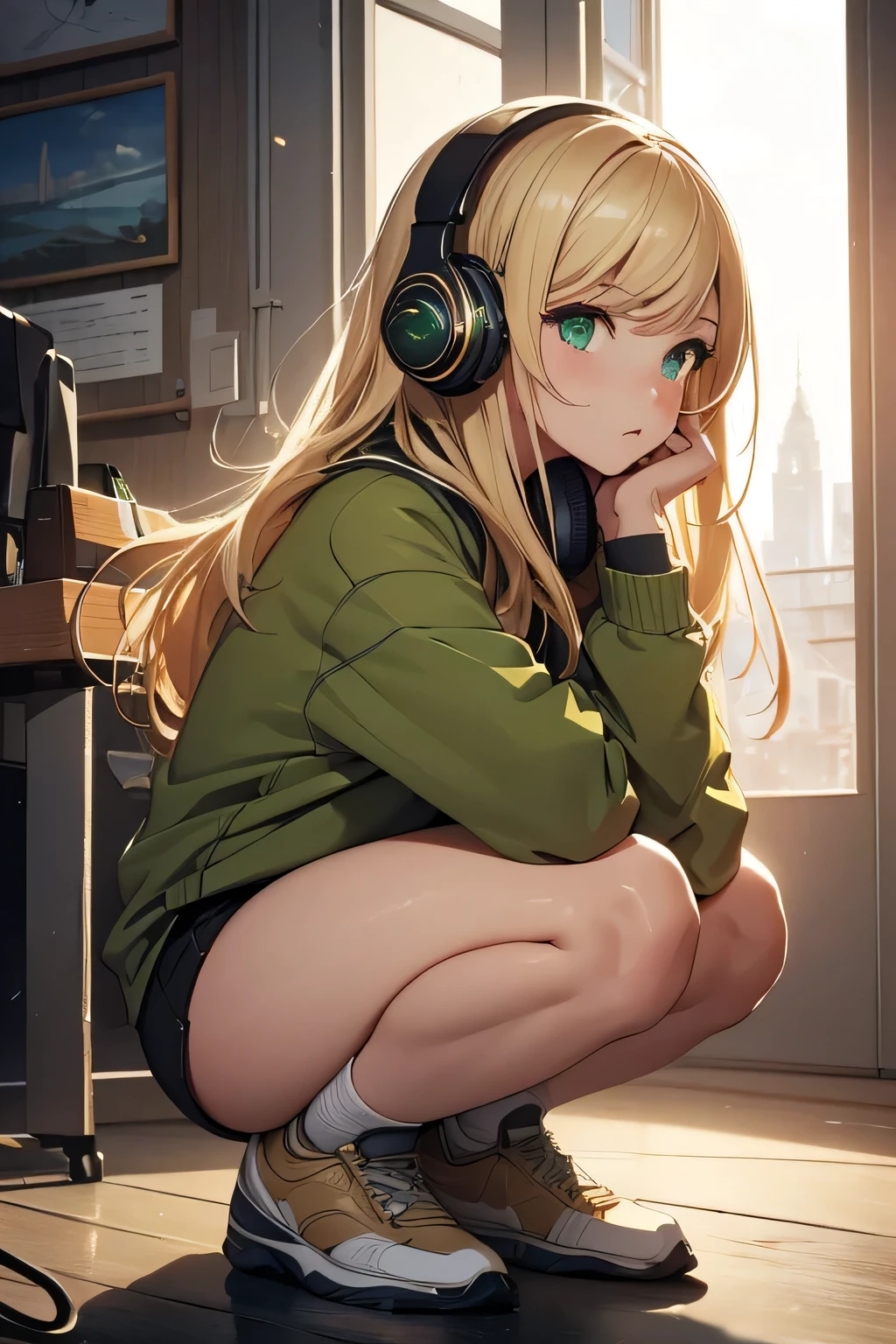 (masterpiece), (best quality, highres, highly-detailed, illustration), 1girl, solo, city, contemporary, profile picture closeup, blonde beige long hair, green eyes, beautiful detailed eyes, squatting, headphones, 8k, trending on ArtStation, featured on Pixiv