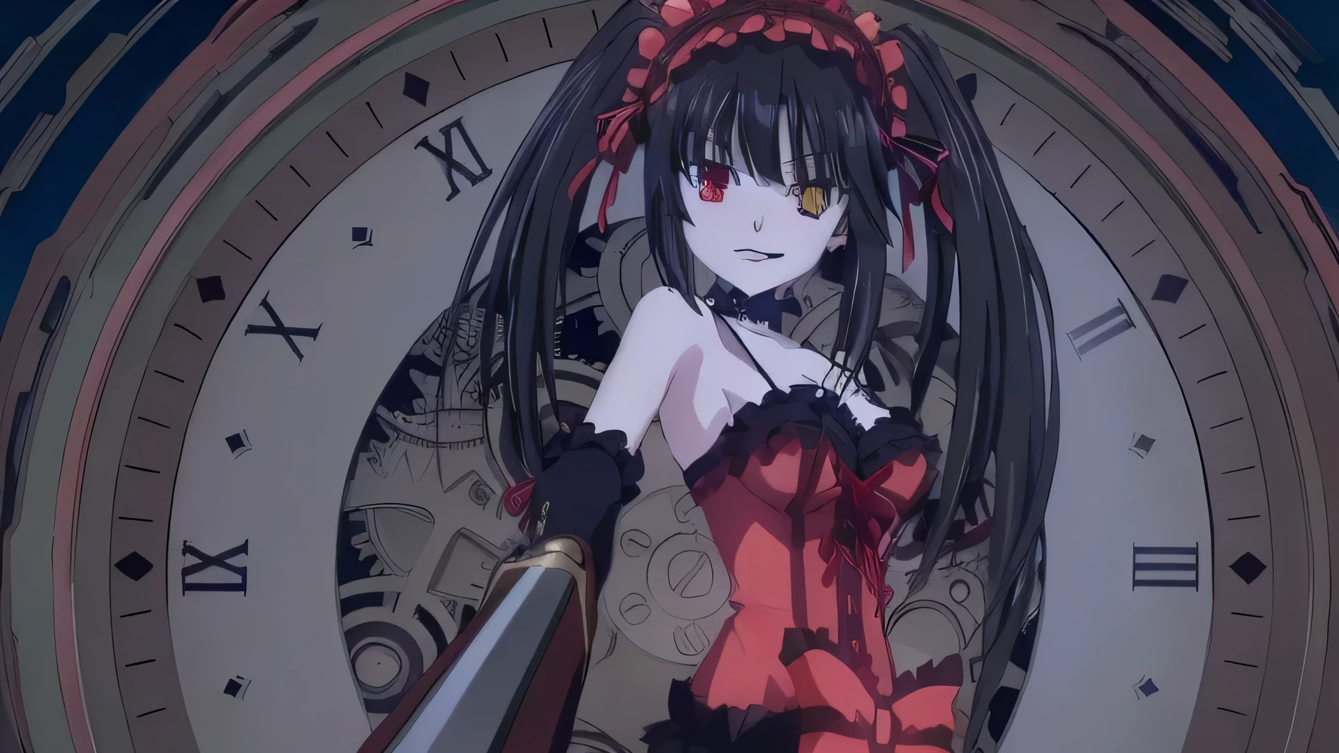 Anime girl in a red dress holding a knife in front of a clock, Rin Tohsaka, Gothic Maiden Anime Girl, Screenshots from the 2012 anime, Anime Best Girl, black, Anime Moe Art Style, Anime movie screenshots, Screenshot of gore anime, In anime movies, From the TV anime, Complex and gorgeous anime CGI style