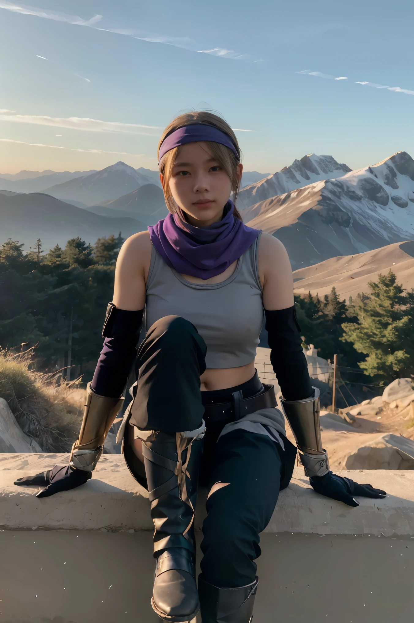 1girl, 1boy, (best quality, beruka, gauntlets), armor, purple scarf, black gloves, pants, boots, bandana on the head, sitting, in front, trees, mountain, beautiful scenery in the background, soft sunset, subtle reflections on the ground.