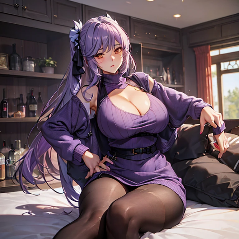 A woman wearing a purple sweater(((Large Breasts、Breast sagging、Low-cut,Cleavage ,Wide hips,)))((Long legs)),Hourglass figure)),, In a room of a modern house, Lilac hair, Orange eyes