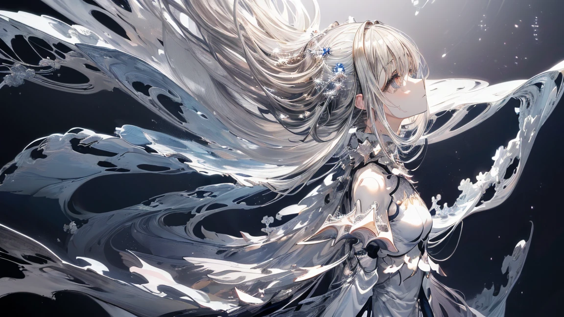 ((masterpiece)), (anime:1.3), ((highest quality)), (Abstract art:1.5), (High resolution), (pale colour), Wide Shot, (Fractal structure:1.5), (Simple silver background:1.6), landscape, (beautiful), (Biological atmosphere), deep sea, (pretty girl), (Hollow Eyes), (profile), beautiful白い髪, (cry), ((eyes fall)),