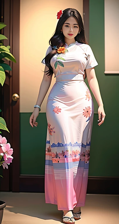 Burmese girl with attractive curvy full body. Friends full-length bikini, ( dress) reflective long dress painted with flower patterns, only dress. hi gh hips High resolution High resolution natural background High resolution HD 3D, 8K cartoon anime