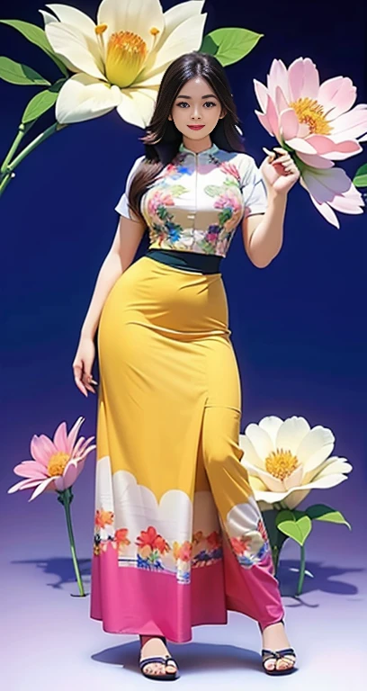 Burmese girl with attractive curvy full body. Friends full-length bikini, ( dress) reflective long dress painted with flower patterns, only dress. hi gh hips High resolution High resolution natural background High resolution HD 3D, 8K cartoon anime