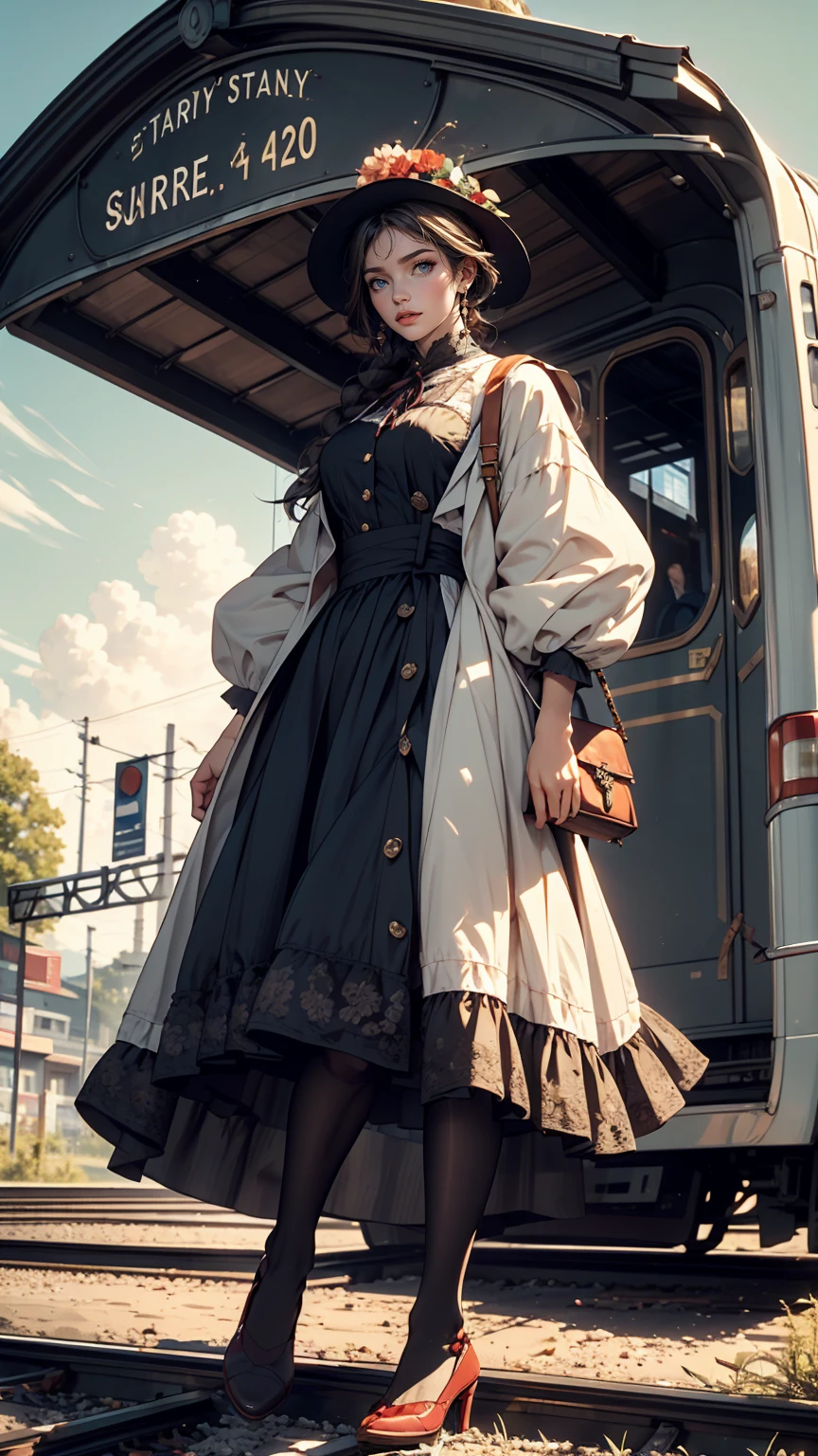 Claude Monet、Sun=Lazare Station:Train Arrival、1877、Lady's high waist skirt、White woman in vest and high-neck ribbon blouse、Silver Hair、blue eyes、Wavy hair、Smile