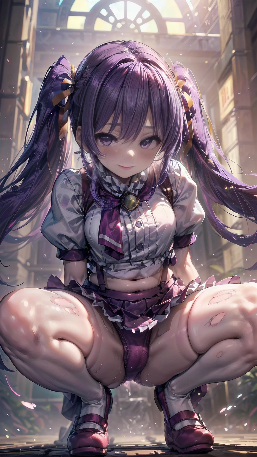 (Images that are not subject to viewing restrictions:1.5),(highest quality),(16k),(Super Resolution),(White skinned pretty beauty),(Delicate anime),(Taller twin tail hair:1.5)(very cute),(very cute美女)(1 person),(Very delicate),(Squat with your legs wide apart:1.8),(smile),(Beautiful body:1.3),(Smart Body:1.3),(Angle from below:1.2),(Everyone worships:1.2),(Frilled Skirt:1.3),(blush),(誘うようなsmile:1.3),(Pink Panties:1.3),(Sit with your crotches wide open to the left and right..:1.8),(Pink Pantiesのスーパーモデル:1.3),(Sharp crotch detailing:1.2),(Bright lighting),(Navel exposed:1.2),(See-through panties:1.2),(Frilled Panties:1.3),(Thin suspenders:1.2),(White knee socks:1.2),(garter belt:1.3),(Sweating profusely),(Very hot day),(Badly torn clothes:1.3),(Belly button dent),(Pink Shoes),(Squatting with your legs wide apart for a sports diet:1.2) ( Purple Hair:1.3 ),({ Athena of Assam :1.3 })