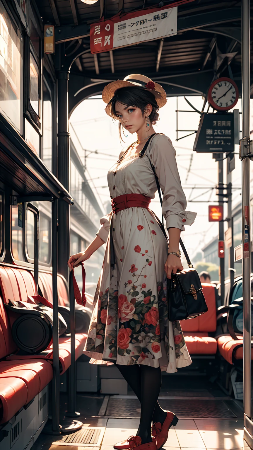 Claude Monet、Sun＝Lazare Station：Train Arrival、1877、Lady&#39;s high waist skirt、White woman in vest and high-neck ribbon blouse、Silver Hair、blue eyes、Wavy hair、Smile