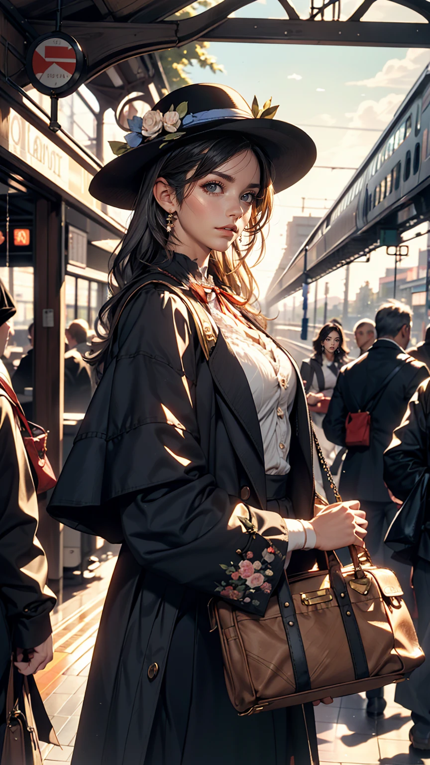 Claude Monet、Sun＝Lazare Station：Train Arrival、1877、Lady&#39;s high waist skirt、White woman in vest and high-neck ribbon blouse、Silver Hair、blue eyes、Wavy hair、Smile