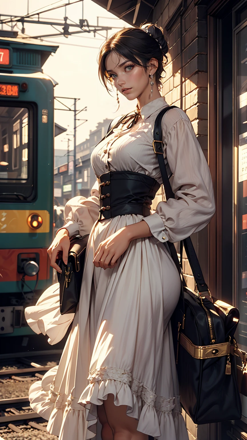 Claude Monet、Sun=Lazare Station:Train Arrival、1877、Lady's high waist skirt、White woman in vest and high-neck ribbon blouse、Silver Hair、blue eyes、Wavy hair、Smile