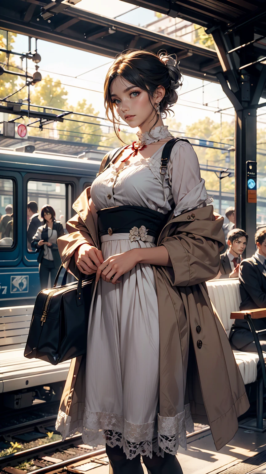 Claude Monet、Sun=Lazare Station:Train Arrival、1877、Lady's high waist skirt、White woman in vest and high-neck ribbon blouse、Silver Hair、blue eyes、Wavy hair、Smile