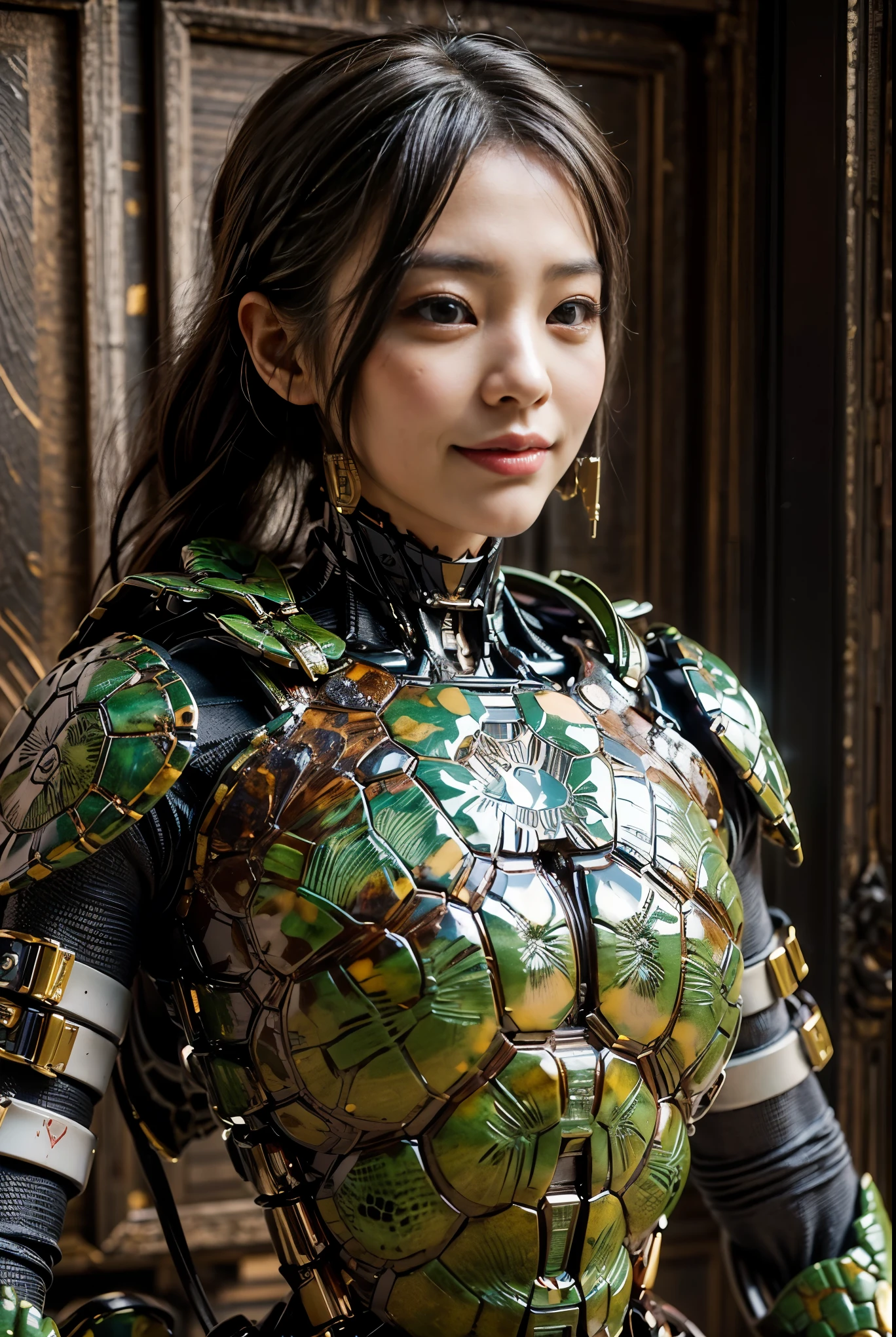 (high resolution,masterpiece,best quality,extremely detailed CG,),(japanese girl face), realistic, photorealistic, cinematic lighting, ultimately realistic all textures, ultimately intricate all details, all intricate, gloss and shiny,awesome many layers, 8k wall paper, 3d, kawaii, ( solo:1.4), perfect female proportion,villainess, (fusion of turtle and lady:1.4), (turtle form lady:1.2), (turtle lady:1.2), (fusion:1.2), (solo:1.4), (smile:1.2), muscular, abs, (Armor intricately composed of small parts:1.2), (Complex and three-dimensional shapes), (Turtle-shaped reinforced exoskeleton suit:1.4), (Turtle-shaped reinforced exoskeleton armor:1.2)