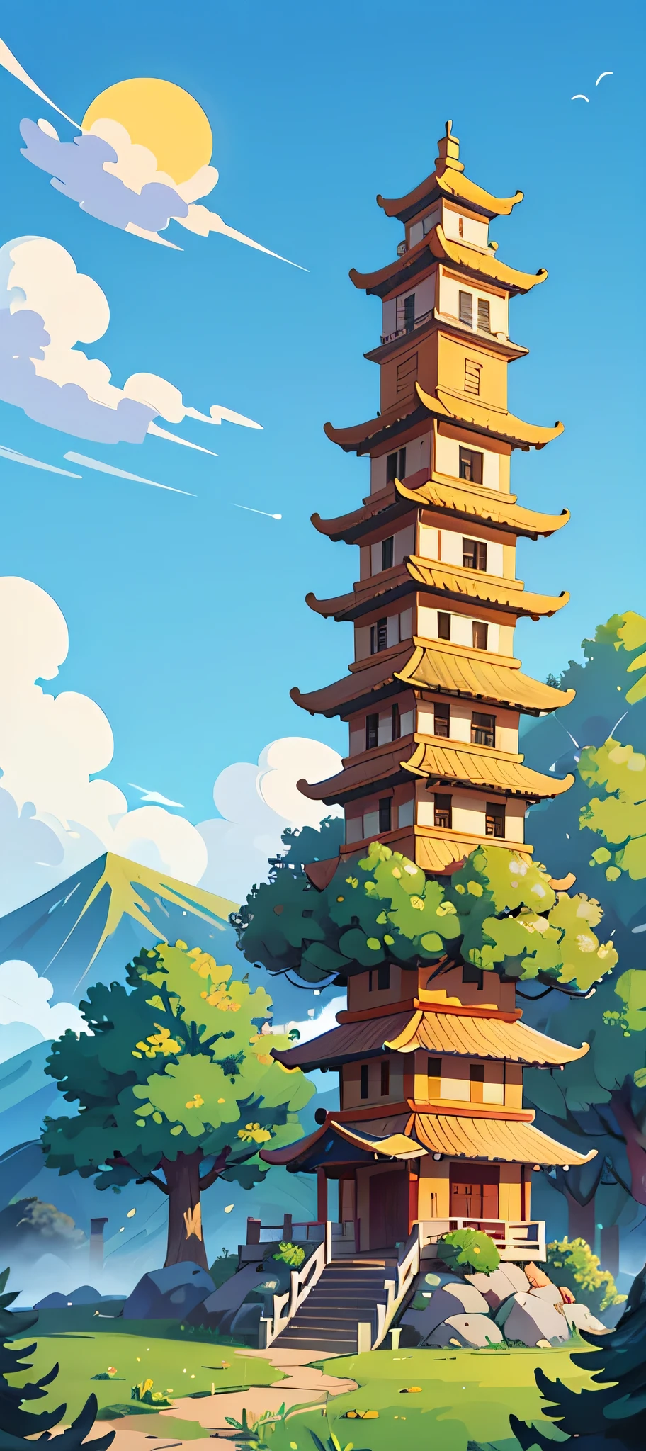Draw a cartoon,Background contains blue sky、White Cloud、Trees、sun、Mountain、雪Mountain、Stone、Fall、Ancient Chinese Building,The base color is mainly yellow,More golden roofs,More red trees