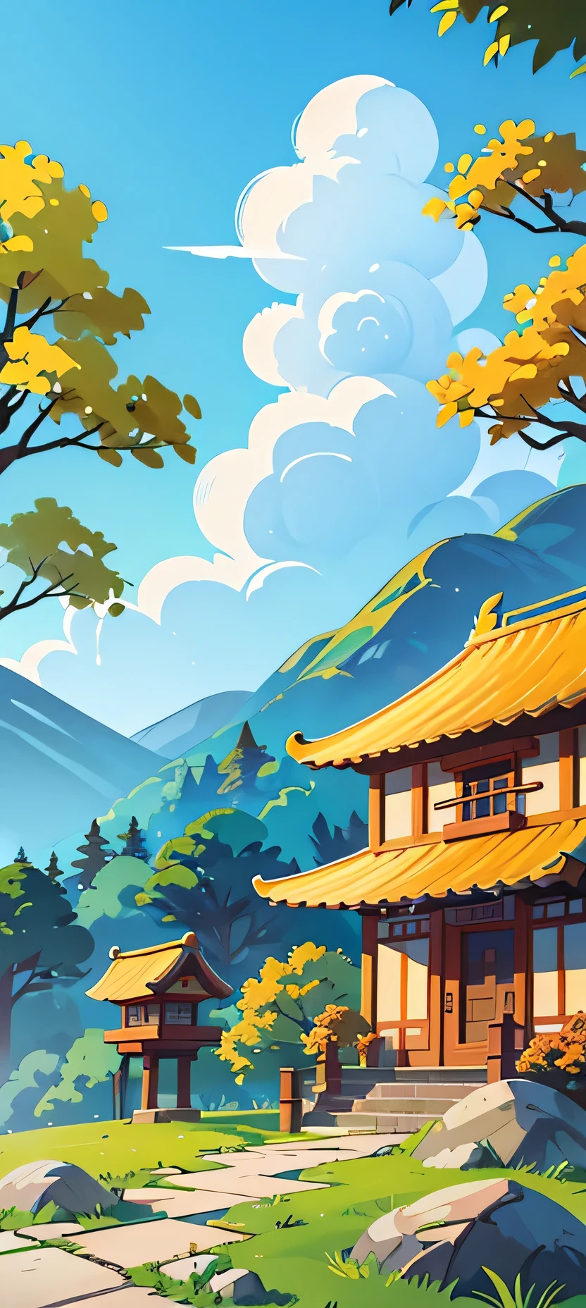 Draw a cartoon,Background contains blue sky、White Cloud、Trees、sun、Mountain、雪Mountain、Stone、Fall、Ancient Chinese Building,The base color is mainly yellow,More golden roofs,More red trees
