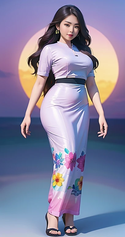 Burmese girl with attractive curvy full body. Friends full-length bikini, ( dress) reflective long dress painted with flower patterns, only dress. hi gh hips High resolution High resolution natural background High resolution HD 3D, 8K cartoon anime