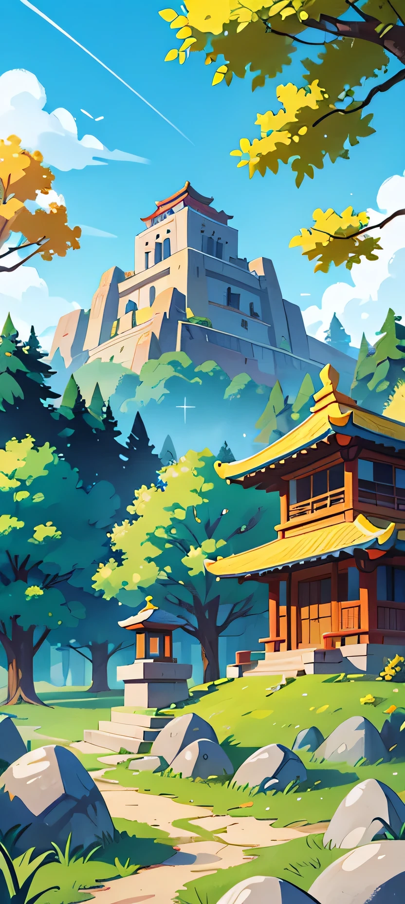 Draw a cartoon,Background contains blue sky、White Cloud、Trees、sun、Mountain、雪Mountain、Stone、Fall、Ancient Chinese Building,The base color is mainly yellow