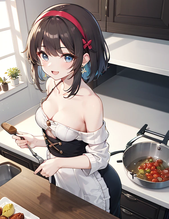 (dynamic angle:1.3, from front:1.1, breast focus:1.3, from above:1.2), (dynamic posing:1.5, sexy posing:1.3, leaning forward), (seductive smiling:1.3),masterpiece, 1girl, pointed chest:1.3,(double breasted:1.2,under bust:1.2), Amazing Cleavage:1.3, thin waist, big ass, Raised sexy, small breast: 1.2 posed cleavage:1.1, looking at viewer, open mouth, brown hair, blue eyes, bare shoulders, collarbone, sidelocks, hairband, sapphire earrings, indoors, red off shoulder sweater dress, arms behind back, short hair with long locks, blue gold hairband, big side hair, very long side hair is rendered in (masterpiece: 1.2, best quality), with (ultra high resolution) and an exquisite (depth of field). This masterpiece is not only visually stunning but also tells,A scene of cooking in the kitchen