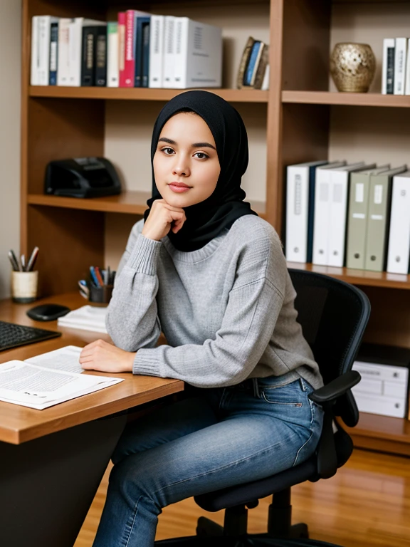 masterpiece, high quality image of a muslim lady sitting in an office, hijab,