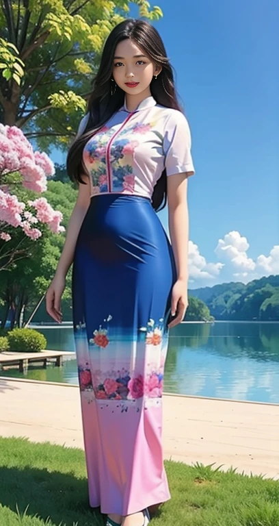 Burmese girl with attractive curvy full body.  Friends full-length bikini, ( dress) reflective long dress painted with flower patterns, only dress.  hi gh hips  High resolution  High resolution  natural background  High resolution  HD  3D,  8K cartoon anime 