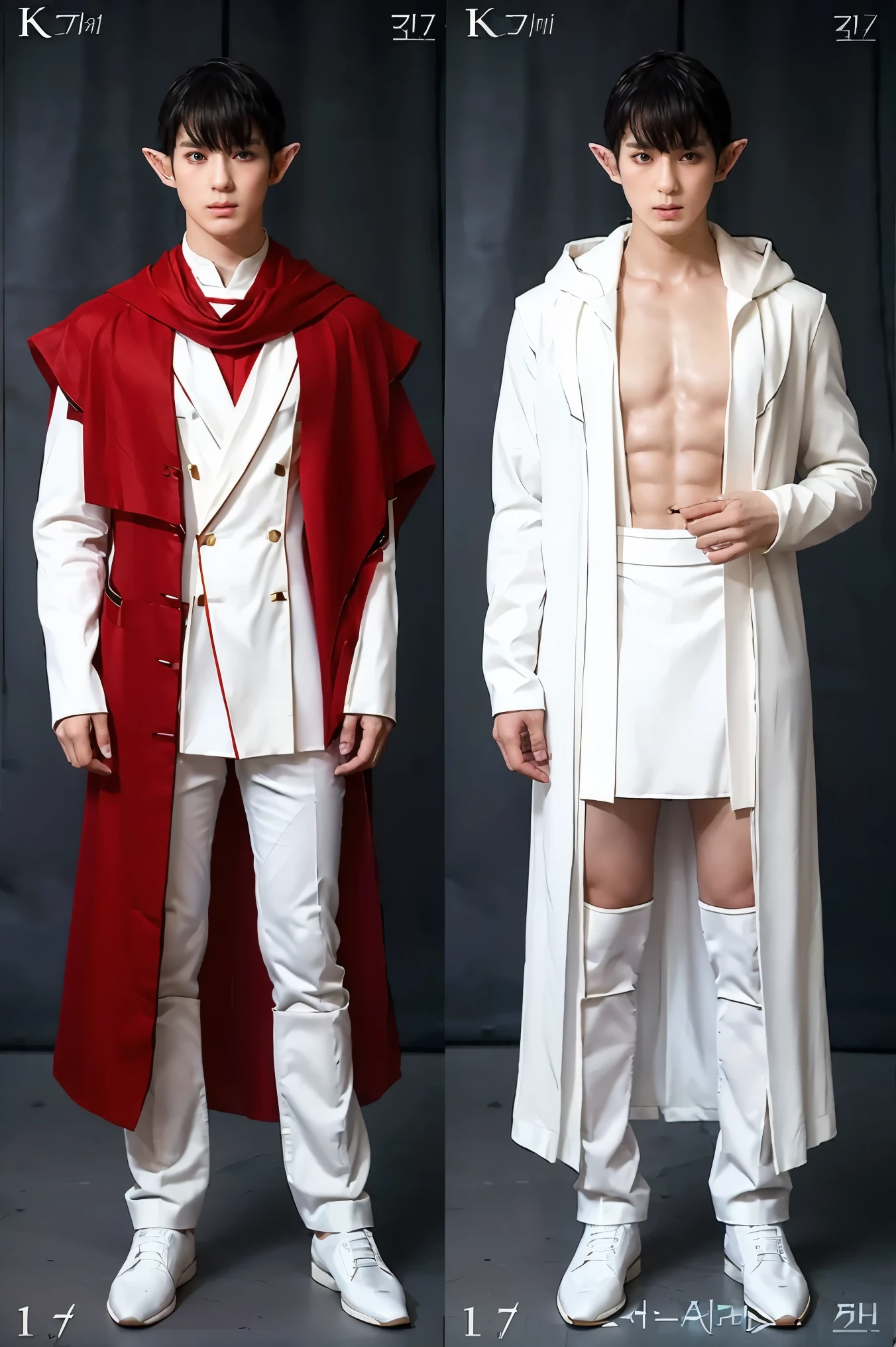 (masterpiece), best quality, expressive eyes, perfect face, ((1 male half-elf)), (red eyes), ((white skin)), fit body, (classy rogue cloak), full body, ((k-pop idol inspired costume)), short black k-pop hairstyle, pointy ears, a magic flute, , (CharacterSheet:1), (multiple views, reference sheet:1),