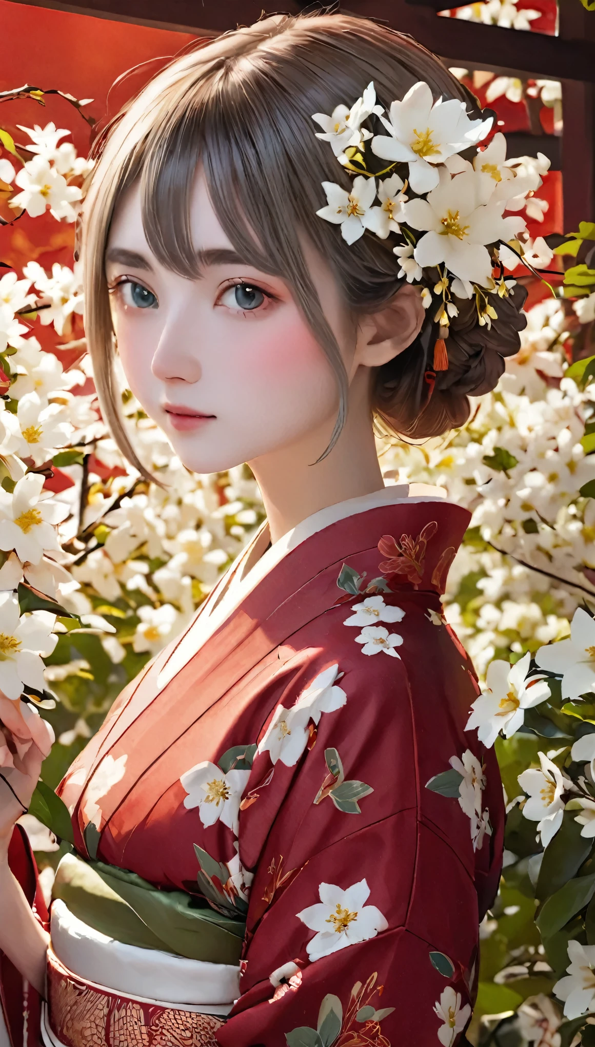 The background is a world of white flowers、highest quality, Tabletop, High resolution, (((One Girl))), 16 years old,Grey Eyes、Dark red kimono、((Dark red floral kimono)), Tyndall effect, Realistic, Shadow Studio, red lighting, Dual Tone Lighting, (High Definition Skins: 1.2) Digital SLR, photograph, High resolution, 4K, 8k, Background Blur,Beautiful fade out、The background is a world of white flowers