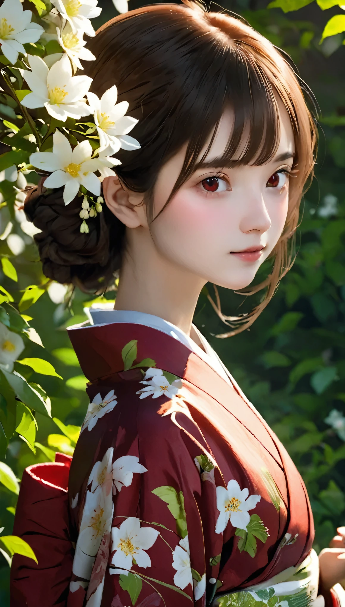 The background is a world of white flowers、highest quality, Tabletop, High resolution, (((One Girl))), 16 years old,Grey Eyes、Dark red kimono、((Dark red floral kimono)), Tyndall effect, Realistic, Shadow Studio, red lighting, Dual Tone Lighting, (High Definition Skins: 1.2) Digital SLR, photograph, High resolution, 4K, 8k, Background Blur,Beautiful fade out、The background is a world of white flowers
