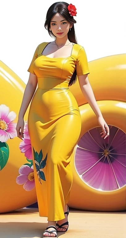 Burmese girl with attractive curvy full body.  Friends full-length bikini, ( dress) reflective long dress painted with flower patterns, only dress.  hi gh hips  High resolution  High resolution  natural background  High resolution  HD  3D,  8K cartoon anime 