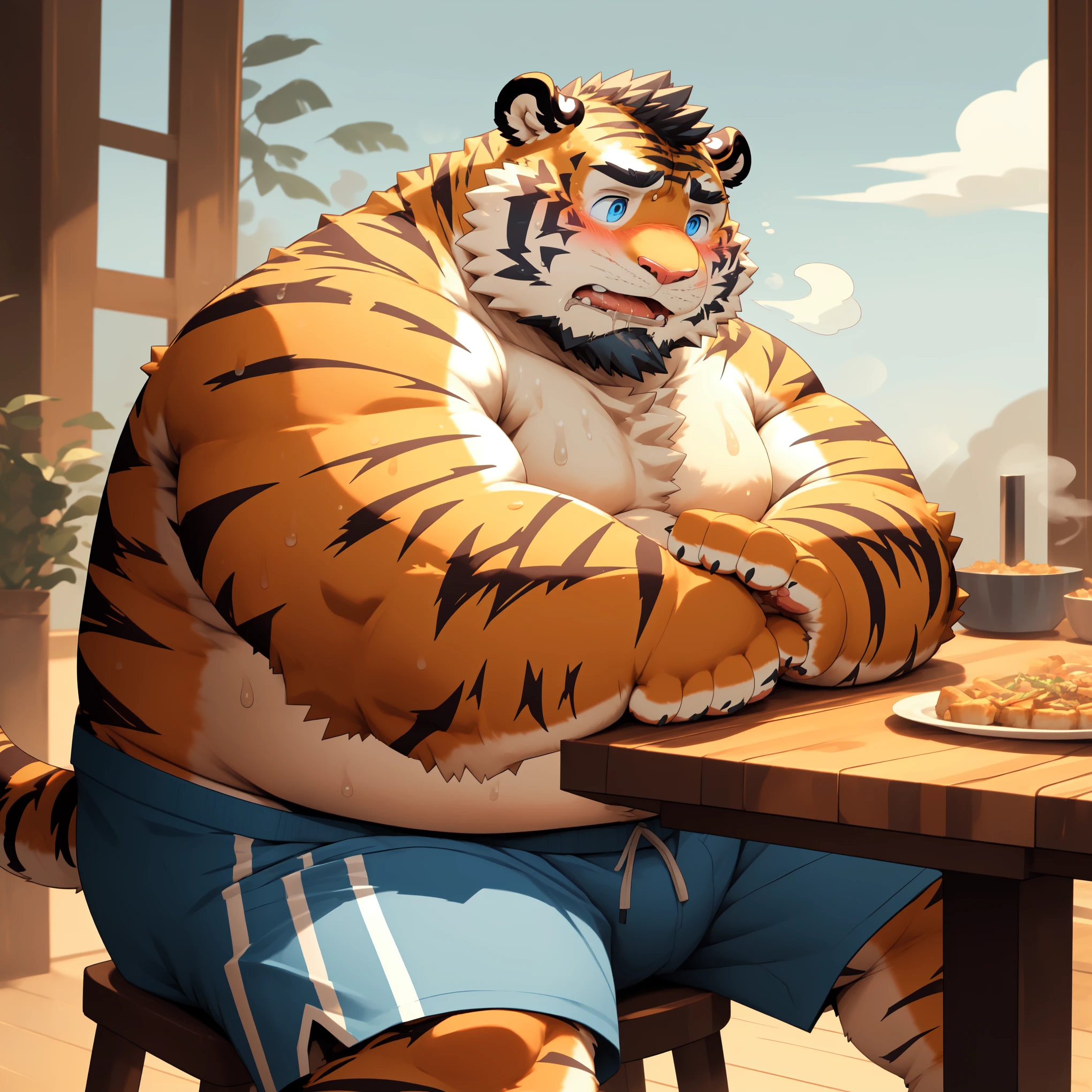 New Jersey 5 Furry,Tiger,Solitary,Chubby,Fat,Thick arms,Rugged muscles,shorts,orange Plush fur,Chubby Face,Black eyebrows,Sky blue eyes,Beard, (topless,short),blush,Sweating,Sitting at the dining table,gourmet food,steam,heat,Saliva dripping