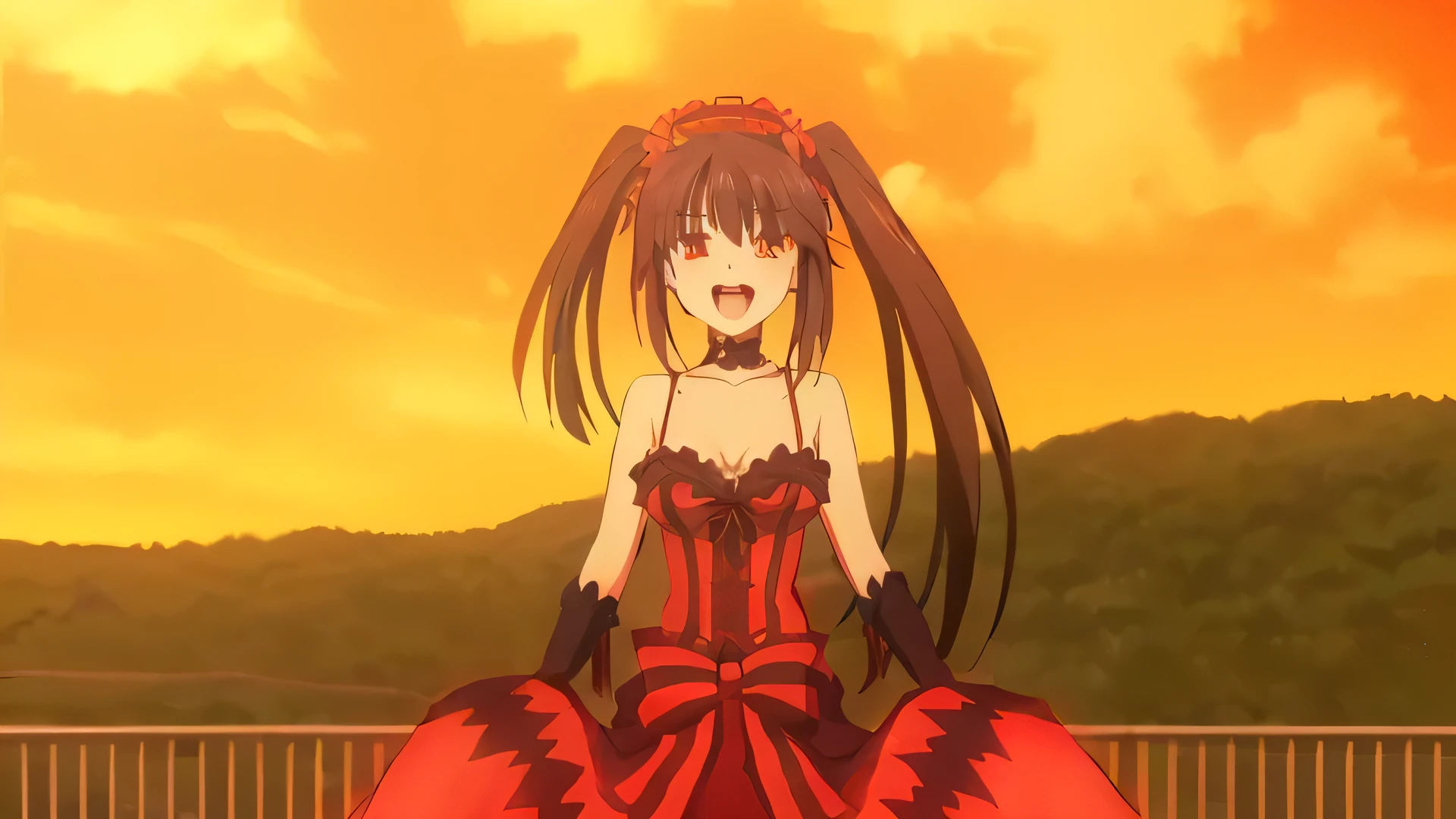 wood々Anime girl in a red dress sitting on a bridge with a landscape background, Reimu Hakurei, Rin Tohsaka, College DXD, Anime Moe Art Style, Screenshots from the 2012 anime, Gothic Maiden Anime Girl, Anime High Fructose, Laughing lasciviously, artistic render of Reimu Hakurei
