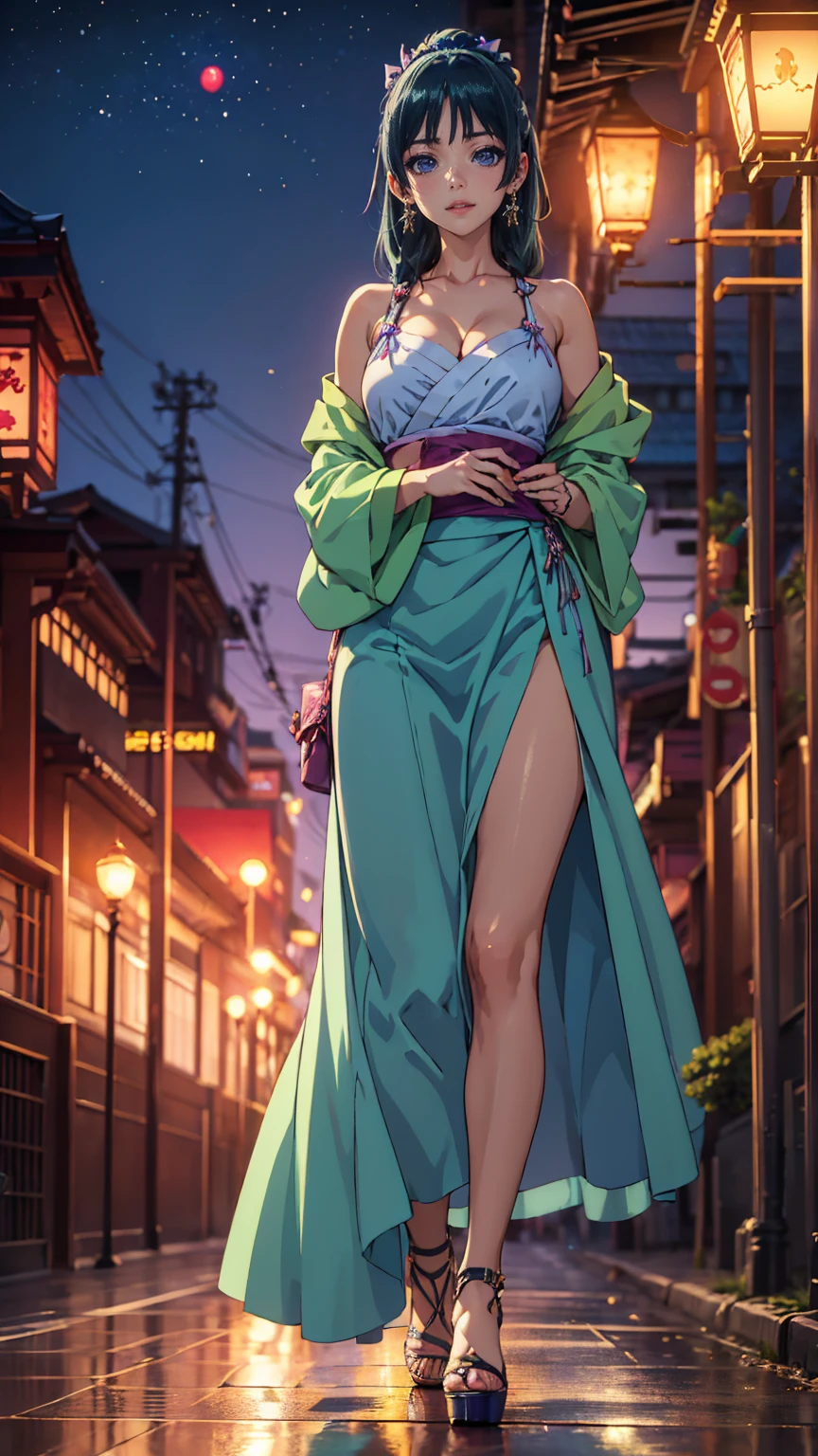 ((Best quality)), ((masterpiece)), (anime), a beautiful sexy woman walking  in a long skirt, a blouse and platform high heels, blue eyes, green hair, smooth skin, cleavage, ((full body)), smile, shoulders exposed, anime, green eyes, maomao, Under street lights, ((Sunset Dusk)), (((park))), curvu body,