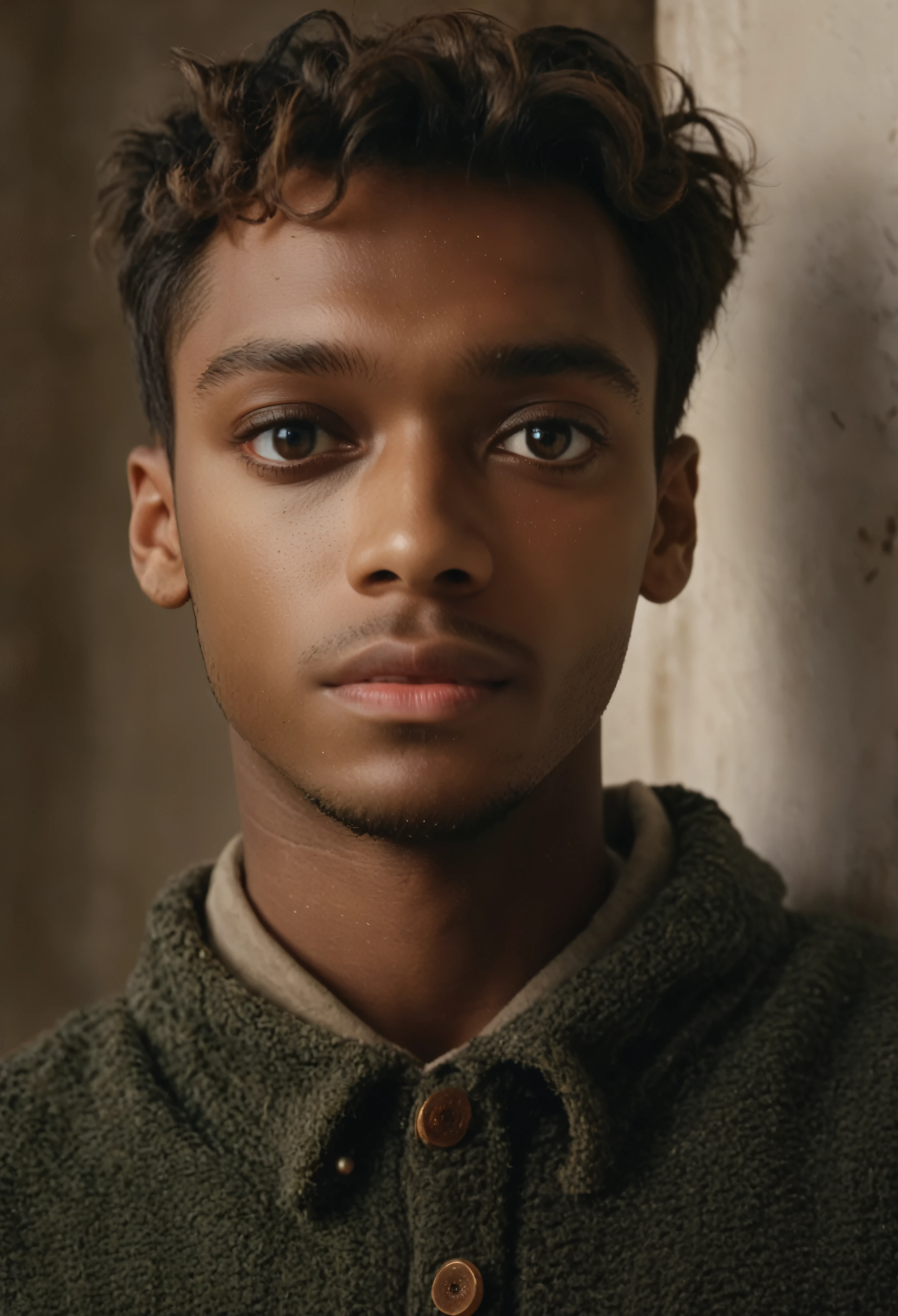 filmstill, Horror theme, A young guy from Soffield looks at the camera from above, dark-skinned, High contrast, (natural skin textures, hyper realisitc, soft light, Sharp), (eel:0.6), Ultra Detailed, (hair-style:1.1) Matte Light Brown, aesthetic, a happy