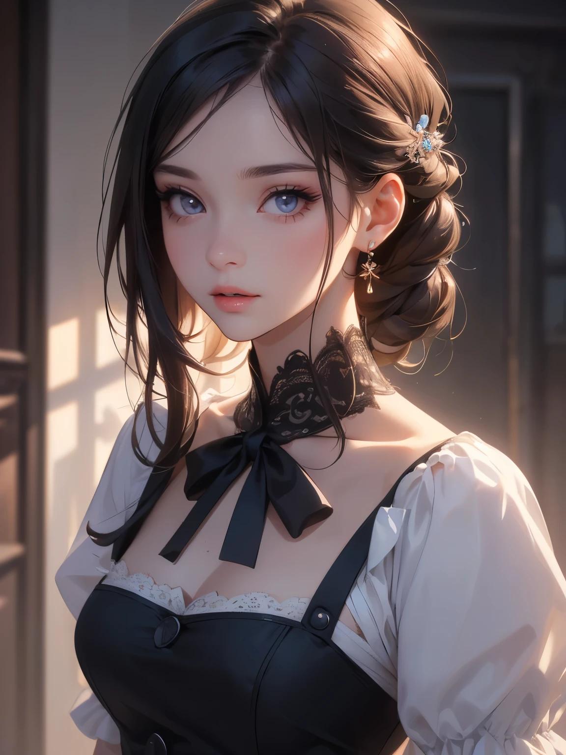 Cute girl in studio、Beautiful and detailed eyes、Beautiful and detailed lips、Extremely detailed eyes and face、Long eyelashes、Shoulder-length hairstyle、Cute Maid Dresses、(highest quality、4k、8k、High resolution、masterpiece:1.2)、Super fine、(Real、Photorealistic、Photorealistic:1.37)、Studio Lighting、Portrait