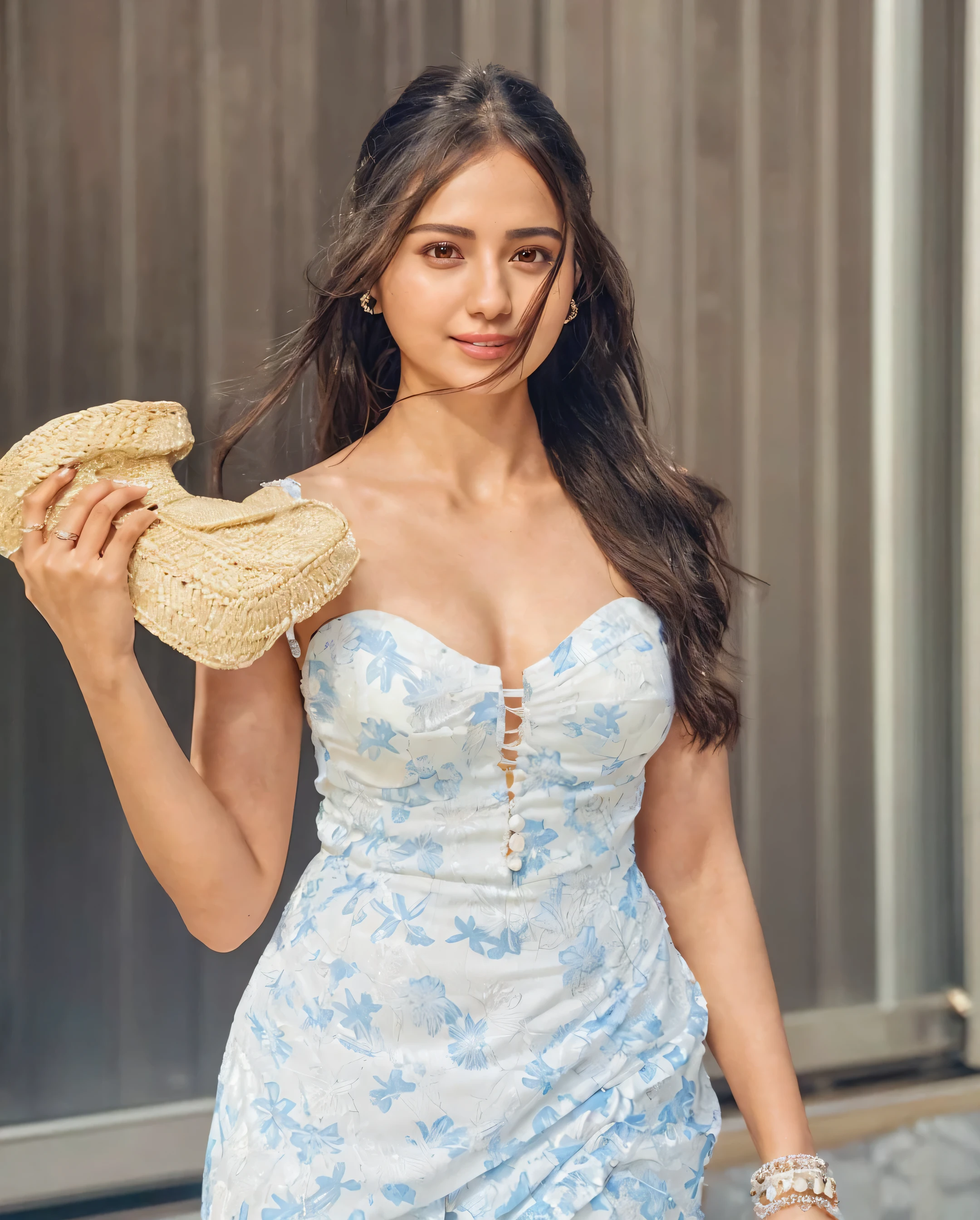 araffed woman in a white dress holding a straw hat, isabela moner, light blue dress portrait, tube-top dress, gorgeous female jade tailor, victoria justice, gemma chen, young woman in a dress, photo of the beauty gal gadot, cindy avelino, stunning woman, viktoria gavrilenko, portrait sophie mudd