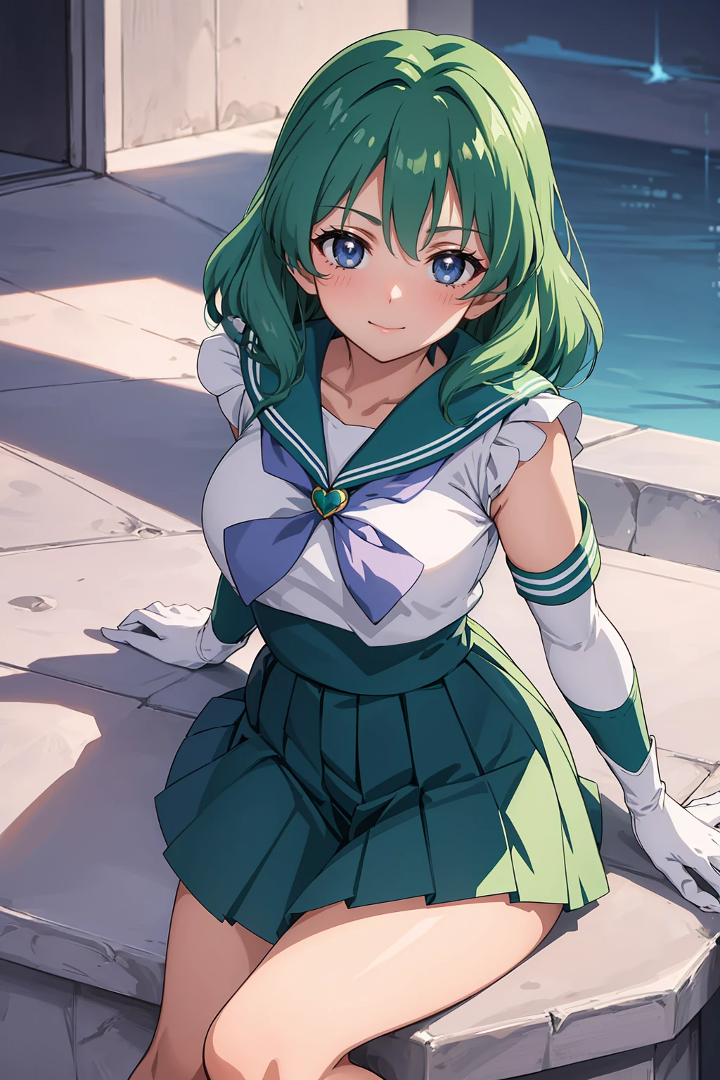 (anime:1.4), highest quality, masterpiece,Cowboy Shot,
One girl, Sailor Neptune, Mature Woman, Old age,Medium chest, Aqua Eye, Dark green hair, Medium Hair, (Sailor Warrior Uniform:1.2), Buck Bow, White elbow gloves, Pleated skirt, View Viewer,blush, smile,Sitting