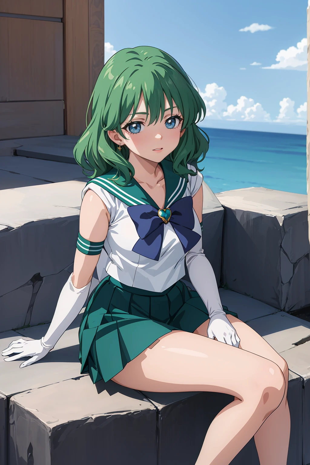 (anime:1.4), highest quality, masterpiece,Cowboy Shot,
One girl, Sailor Neptune, Mature Woman, Old age,Medium chest, Aqua Eye, Dark green hair, Medium Hair, (Sailor Warrior Uniform:1.2), Buck Bow, White elbow gloves, Pleated skirt, View Viewer,blush, smile,Sitting
