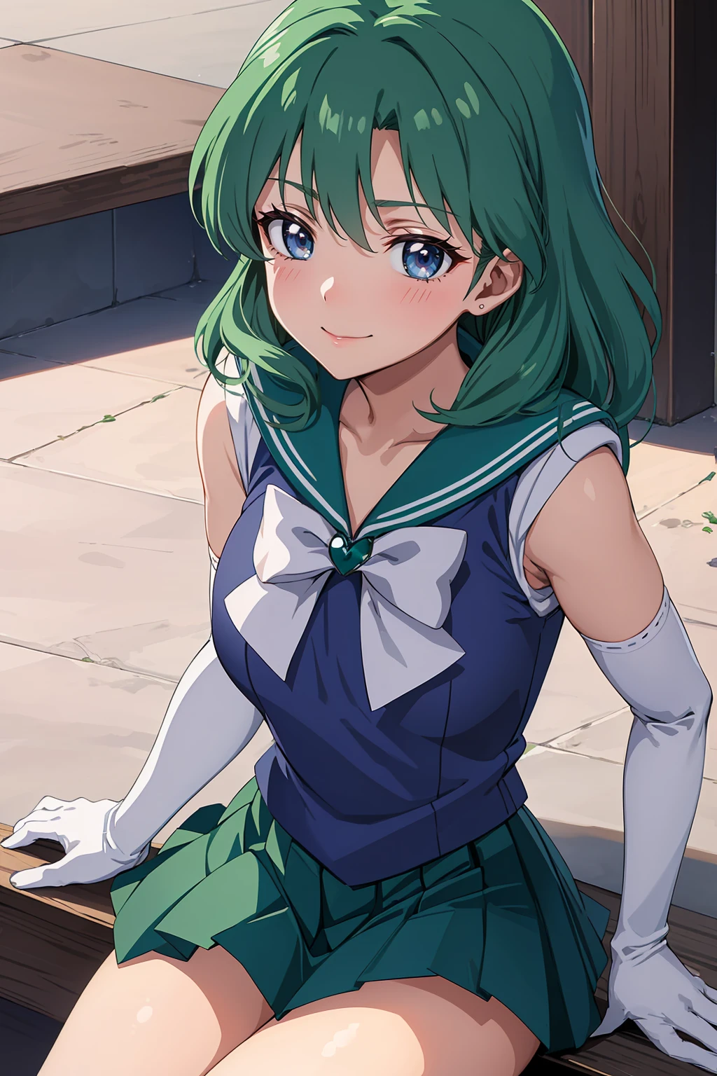 (anime:1.4), highest quality, masterpiece,Cowboy Shot,
One girl, Sailor Neptune, Mature Woman, Old age,Medium chest, Aqua Eye, Dark green hair, Medium Hair, (Sailor Warrior Uniform:1.2), Buck Bow, White elbow gloves, Pleated skirt, View Viewer,blush, smile,Sitting