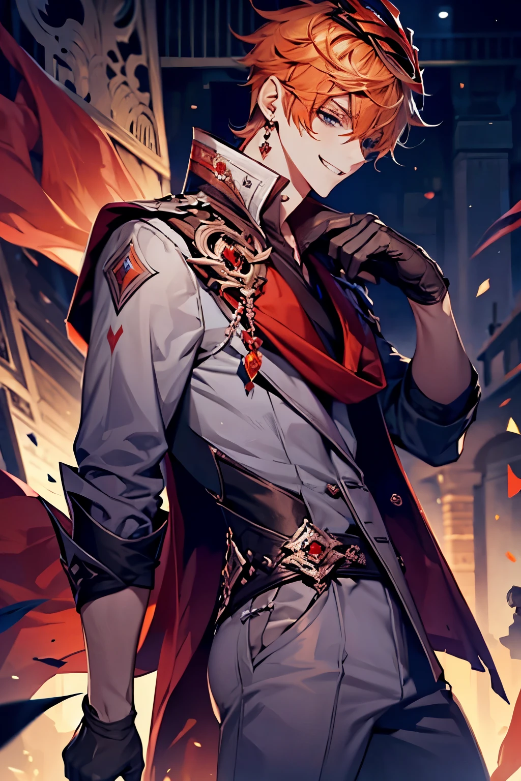 (masterpiece), (highres), e, solo, looking at viewer, short hair, blue eyes, shirt, gloves, 1boy, holding, hair between eyes, jewelry, grin, smile, jacket, male focus, earrings, black gloves, pants, orange hair, mask, single earring, red scarf, grey jacket, vision (genshin impact), mask on head, half gloves, grey pants, red mask, full body, front and side view