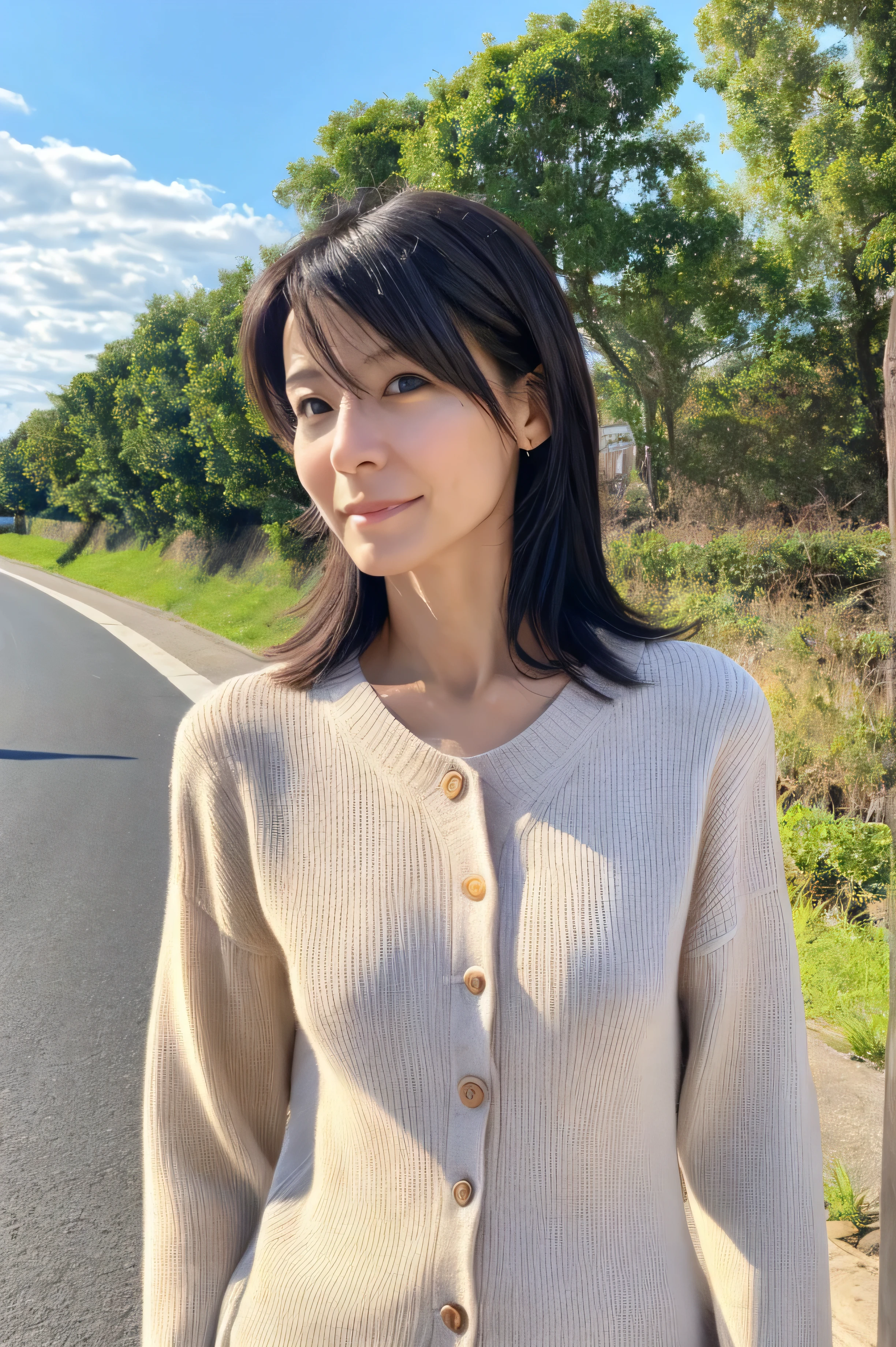 (Highly realistic photos, High resolution, Detailed face, Fine grain) Skinny Japanese woman, 40 years old, 1 girl, Cute Face, Mr.々Hair style, Thin body type, Very small breasts, Very small waist, A neat and clean woman, Summer Sweater、Casual clothing, Button closes, on the road, Full body photo