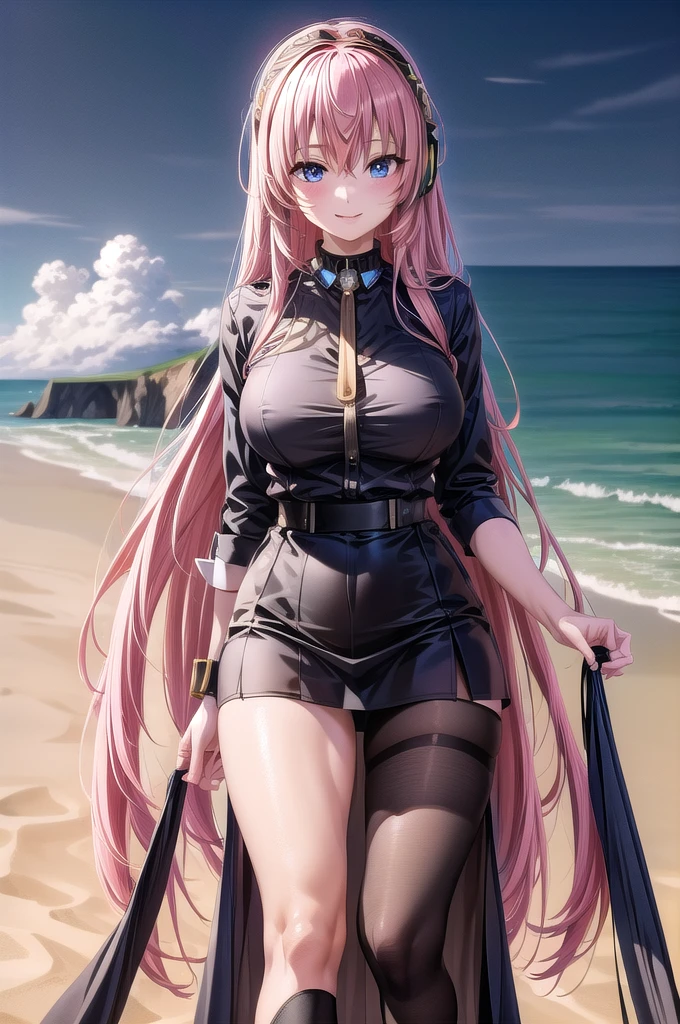 ((masterpiece)),(highest quality),Official Art,((In real photo style:1.2)),Highly detailed CG,unity 8k wallpaper,Super detailed,Lighthouse on top of a cliff by the sea,One mature woman,alone,Upper Body,(Portraiture:1.2),megurine luka,Long Hair,fringe,headset,Black Shirt,smile,blue eyes,Hair between the eyes,Big Breasts,Pink Hair,Black knee socks,Headphones,Black Skirt,Wrist cuff,Long skirt,