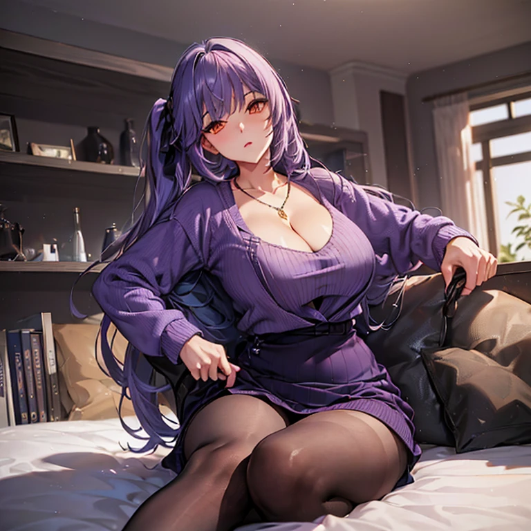 A woman wearing a purple sweater(((Large Breasts、Breast sagging、Low-cut,Cleavage ,Wide hips,)))((Long legs)),Hourglass figure)),, In a room of a modern house, Lilac hair, Orange eyes