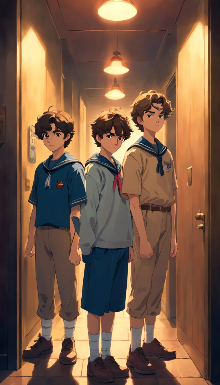 Three young boys dressed in vintage sailor uniforms stand nervously in a dimly lit hallway, reminiscent of the 'Stranger Things' style. The atmosphere is tense, with flickering lights and eerie shadows cast on the walls. Inspired by the aesthetic of Max Gubler and the iconic look of 'Stranger Things,' this scene features a cinematic still that could be a promotional image for the latest season. The boys, including characters styled similarly to Joe Keery’s Steve Harrington, exude a sense of adventure and mystery. This promo still, which captures the essence of both 'Stranger Things' and 'Riverdale,' evokes the same suspenseful vibe that fans have come to love, with an added touch of Emma Stone’s charm and Max Dennison's adventurous spirit.