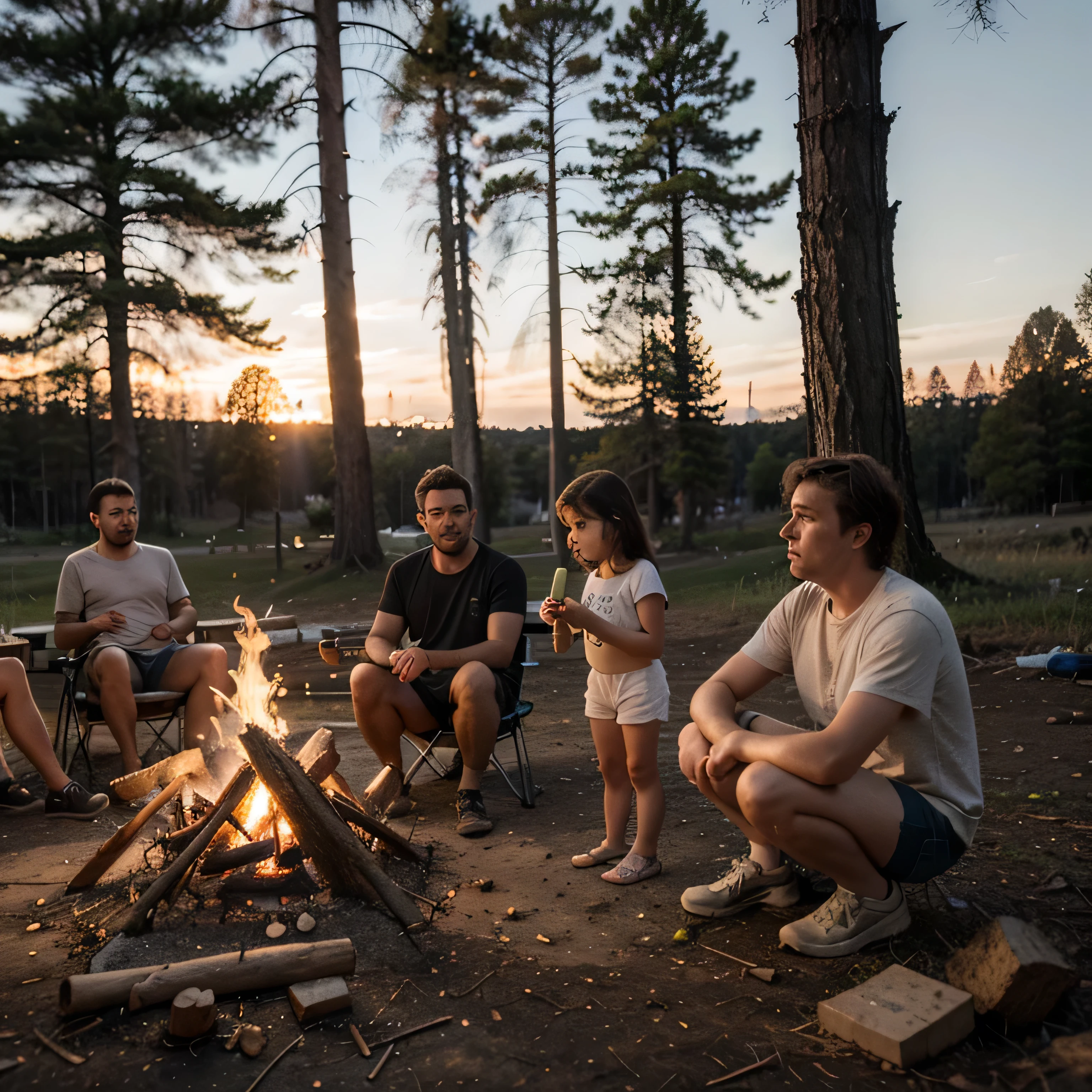 dusk,White people camping,Caucasian child playing with dog nearby, White man chopping wood,There is a campfire next to it to cook something,dusk,unbelievably realistic,Real-life scenarios。Surrealism, High Detail, movie lighting, Ray tracing, Perspective, Eye level shooting, Ultra HD, masterpiece, Textured Skin, 4k, best quality