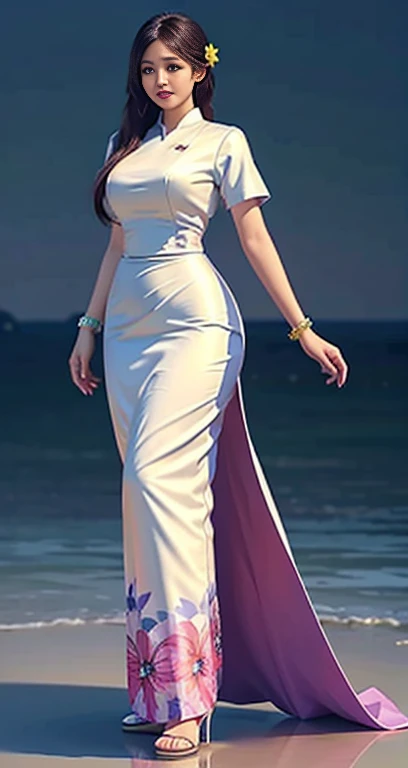 Burmese girl with attractive curvy full body. Friends full-length bikini, ( dress) reflective long dress painted with flower patterns, only dress. hi gh hips High resolution High resolution natural background High resolution HD 3D, 8K cartoon anime
