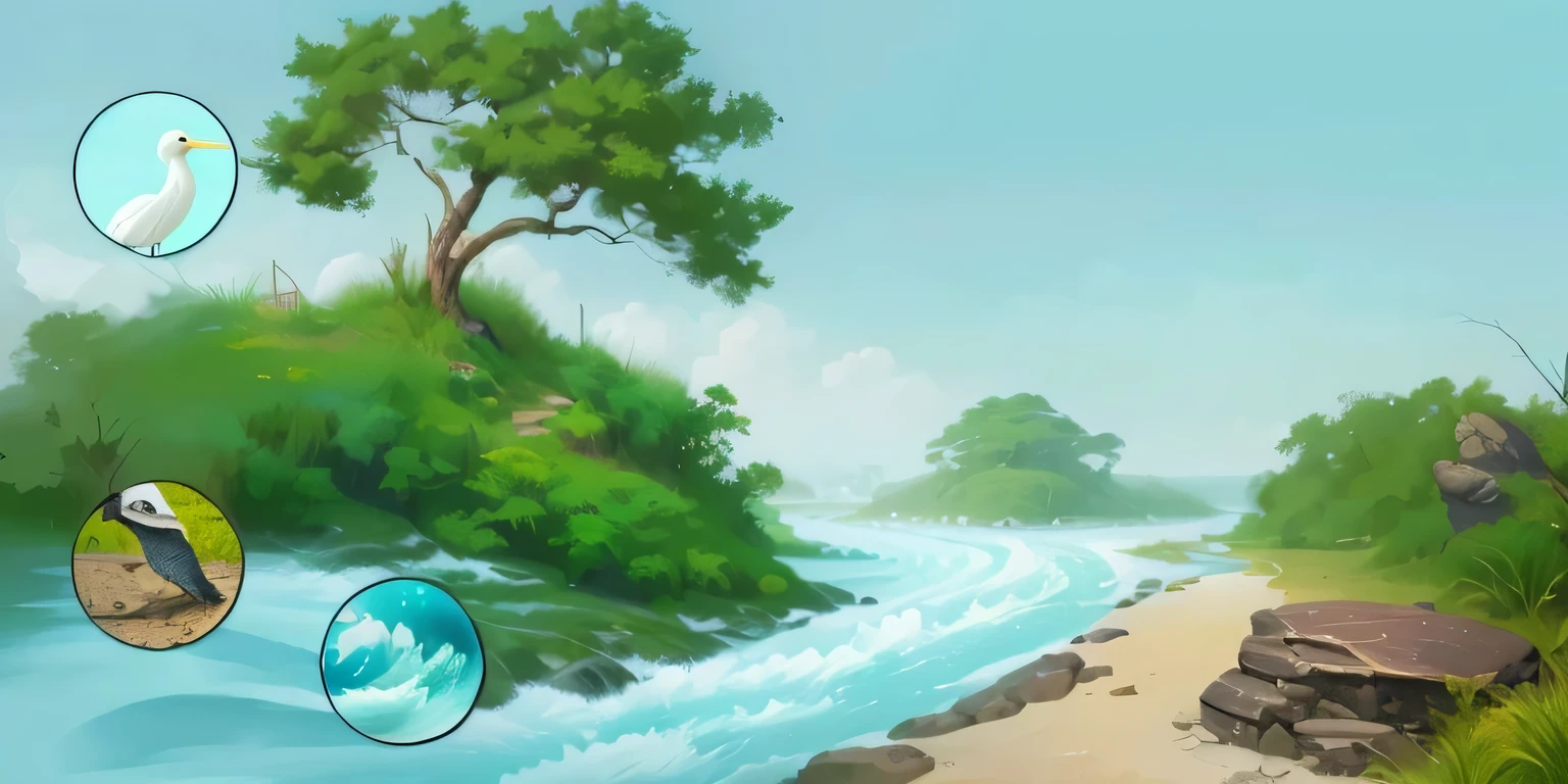 there is a turtle that is sitting on a rock by the river, art spot of the lizard, and art spot of the egret and in the tree, a digital painting, speedpaint, high detail digital painting, background art, speedpainting, background artwork, cartoon digital painting, speed painting, digital painting, soft digital painting, digtial painting, digitial painting, detailed digital painting, #1 digital painting of all time