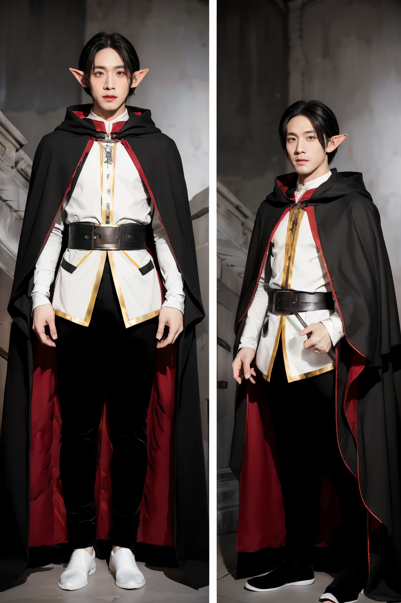 (masterpiece), best quality, expressive eyes, perfect face, ((1 male half-elf)), (red eyes), ((white skin)), fit body, (classy rogue cloak), full body, ((k-pop idol inspired costume)), short black k-pop hairstyle, pointy ears, a magic flute, , (CharacterSheet:1), (multiple views, reference sheet:1),