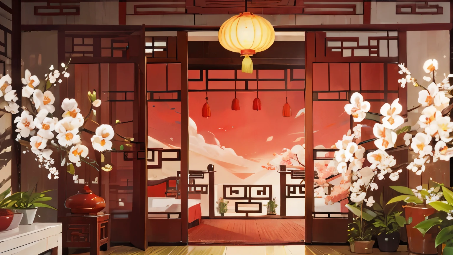 traditional Chinese background room with white orchids