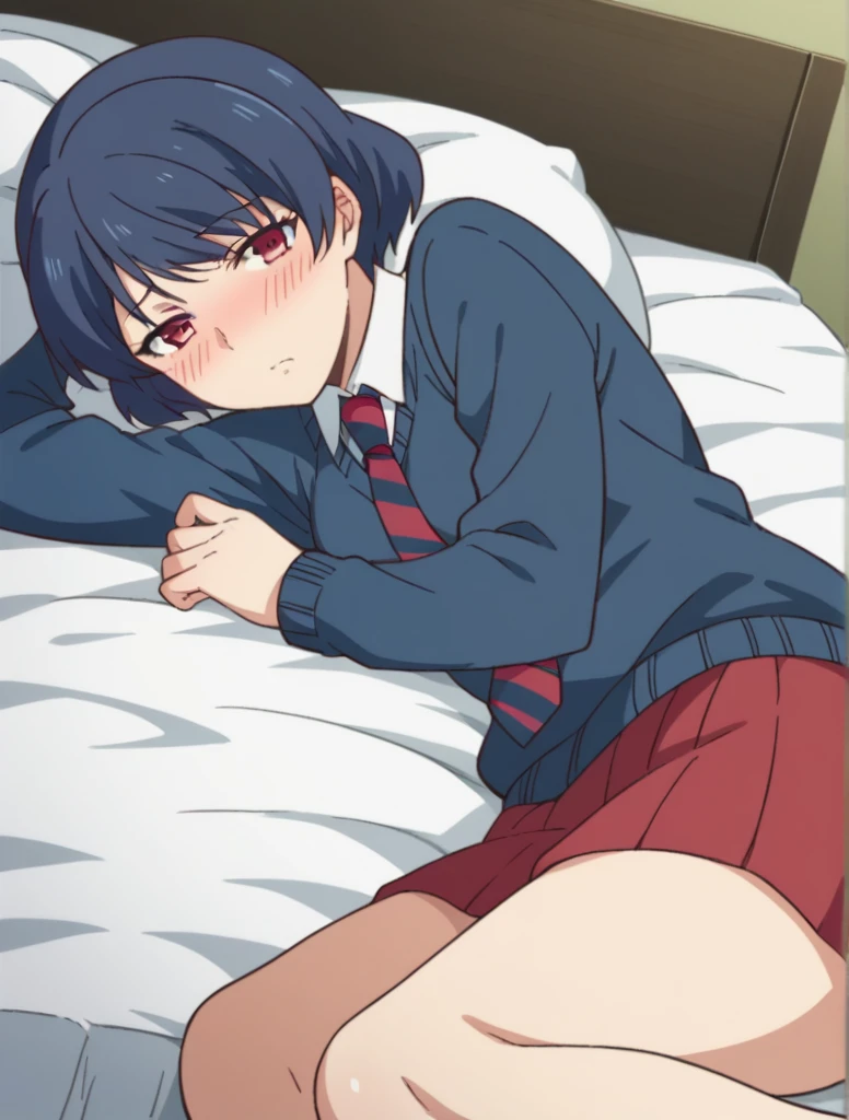 score_9, score_8_up, score_7_up, source_anime,
ruitachibana, rui tachibana, short hair, red eyes, blue hair,
skirt, , necktie, striped, red skirt, striped necktie, sweater, blue sweater,
indoors, bed, bed room, on side, blush, drunk,
looking at viewer, cowboy shot, dutch angle, solo,