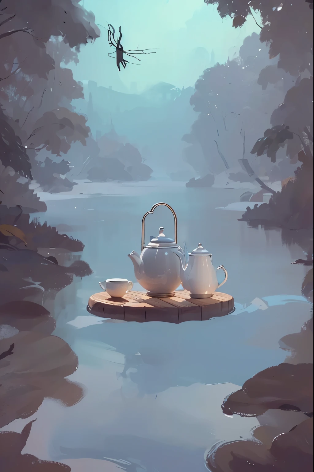 light grey teapots on a wooden board floating on the river,with trees on both banks of river